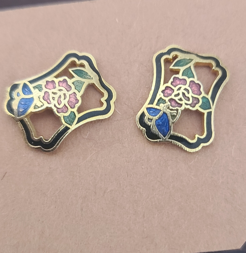 Gold Tone Cloisonnr Floral Gold and Blue Earrings Post